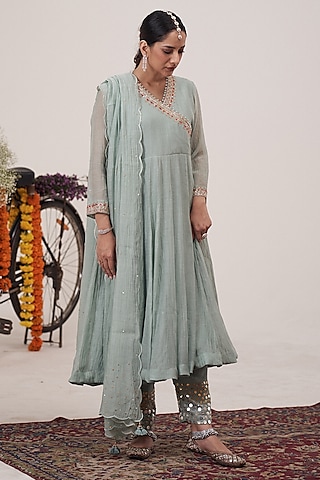 Sea Blue Malai Chanderi Mirror Embroidered Pleated Angrakha Kurta Set by Hirika & Dhruti Label