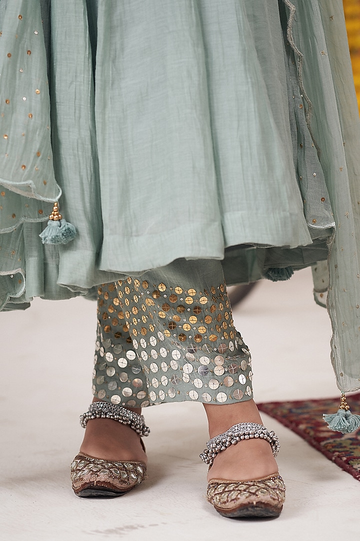 Sea Blue Malai Chanderi Mirror Embroidered Pleated Angrakha Kurta Set by Hirika & Dhruti Label at Pernia's Pop Up Shop