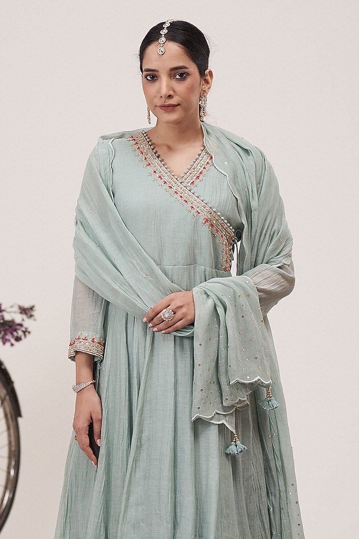 Sea Blue Malai Chanderi Mirror Embroidered Pleated Angrakha Kurta Set by Hirika & Dhruti Label at Pernia's Pop Up Shop