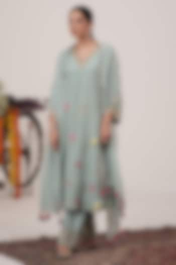 Sea Blue Gajji Silk & Organza Boota Hand Embroidered A-Line Kurta Set by Hirika & Dhruti Label at Pernia's Pop Up Shop