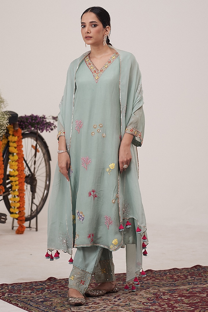 Sea Blue Gajji Silk & Organza Boota Hand Embroidered A-Line Kurta Set by Hirika & Dhruti Label at Pernia's Pop Up Shop