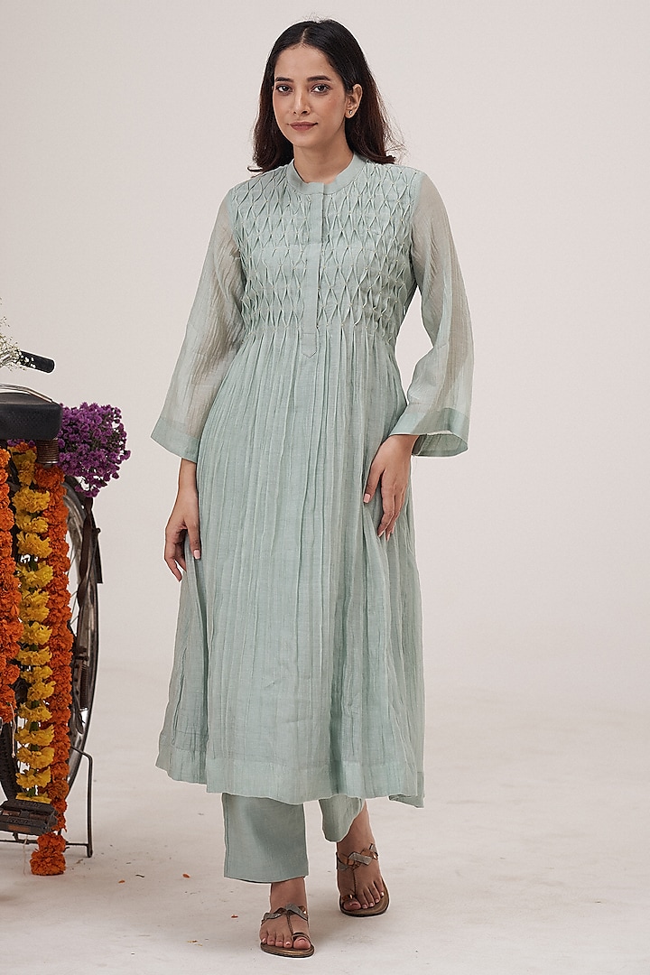 Sea Blue Malai Chanderi Moti Handwork Kurta Set by Hirika & Dhruti Label