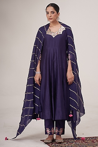 Purple Silk Chanderi Hand Embroidered Anarkali Set by Hirika & Dhruti Label