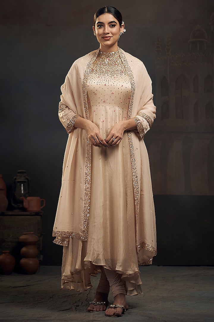 Beige Chinon Lycra Organza Hand Embroidered Kurta Set by Hirika & Dhruti Label at Pernia's Pop Up Shop