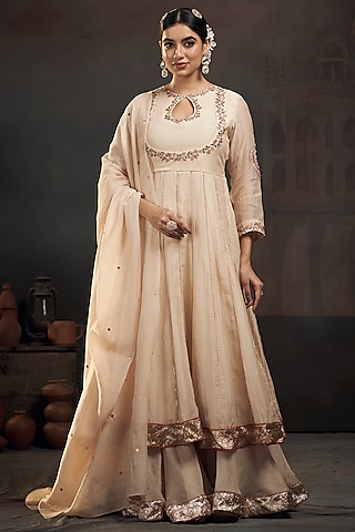 Beige Chanderi Hand Embroidered Kalidar Kurta Set by Hirika & Dhruti Label