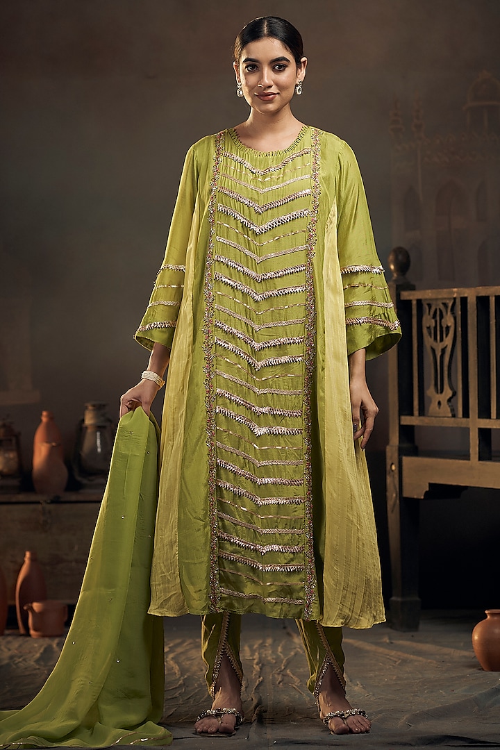 Green & Lime Green Cotton Silk Gota Embroidered Kurta Set by Hirika & Dhruti Label