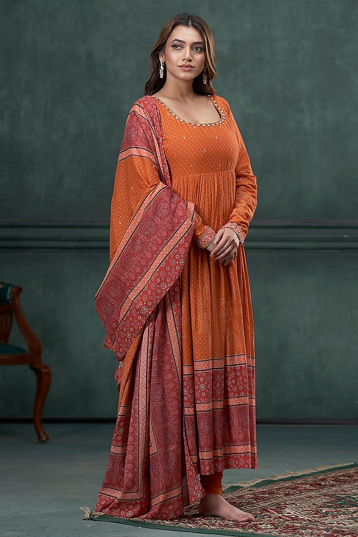 Orange Mul Mul Cotton Printed Pleated Anarkali Set by Hirika & Dhruti Label at Pernia's Pop Up Shop