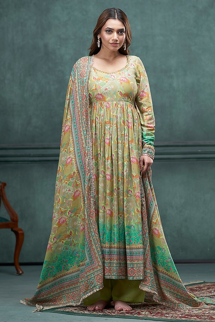 Green Mul Mul Cotton Printed Pleated Anarkali Set by Hirika & Dhruti Label at Pernia's Pop Up Shop