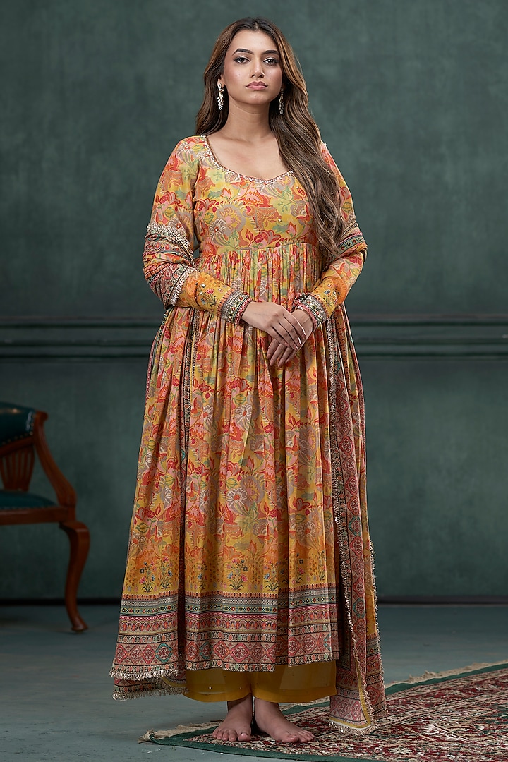 Mustard Yellow Mul Mul Cotton Printed Pleated Anarkali Set by Hirika & Dhruti Label at Pernia's Pop Up Shop