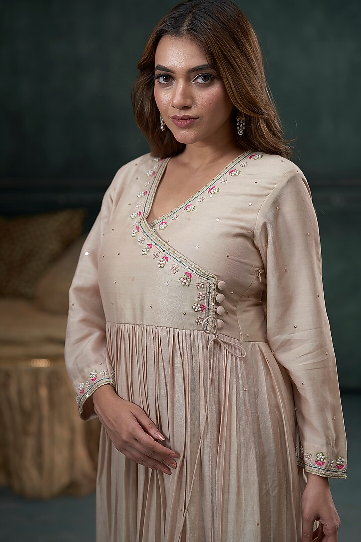 Beige Chinya Silk Embroidered Angrakha Party Wear Anarkali Set by Hirika & Dhruti Label at Pernia's Pop Up Shop