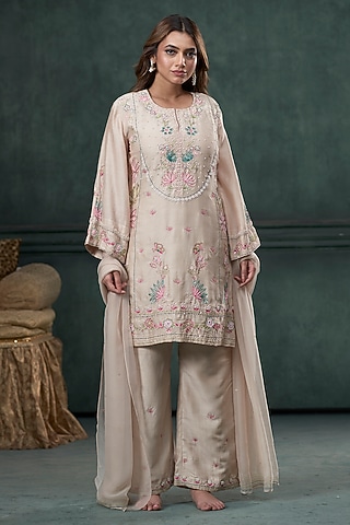 Beige Chinya Silk Embroidered Kurta Set by Hirika & Dhruti Label