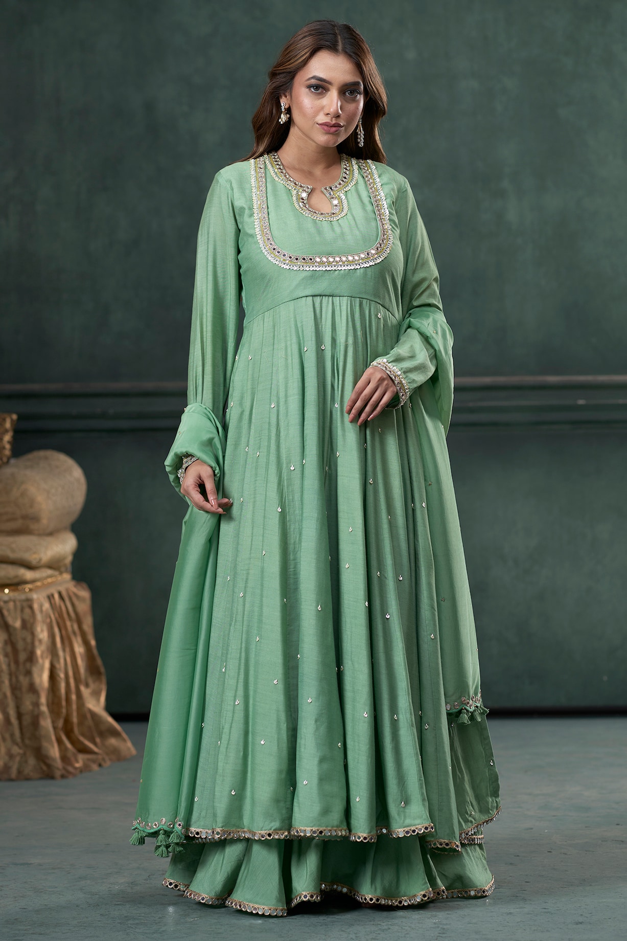Pernia's Pop Up Shop - Hirika & Dhruti Label Women Pista Green Moonga Silk Anarkali Set