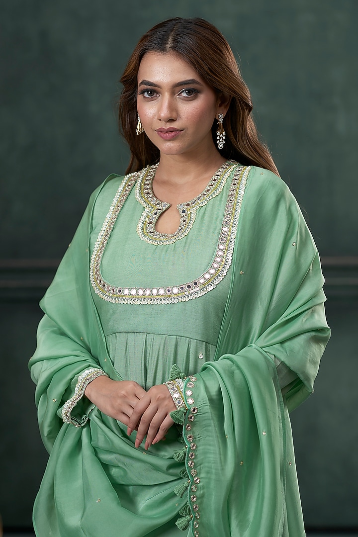 Pista Green Moonga Silk Party Wear Anarkali Set by Hirika & Dhruti Label at Pernia's Pop Up Shop