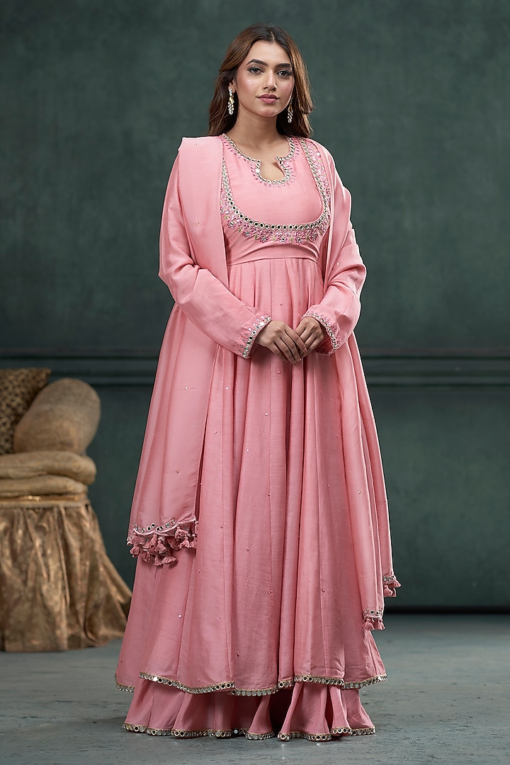 Baby Pink Moonga Silk Anarkali Set by Hirika & Dhruti Label at Pernia's Pop Up Shop