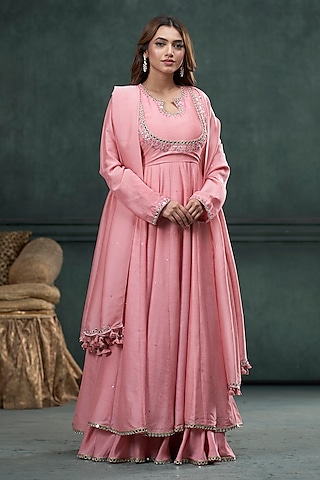 Baby Pink Moonga Silk Anarkali Set by Hirika & Dhruti Label