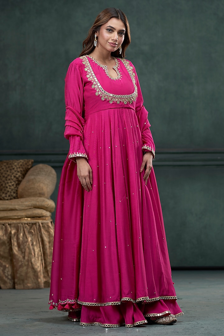 Rani Pink Moonga Silk Anarkali Set by Hirika & Dhruti Label at Pernia's Pop Up Shop