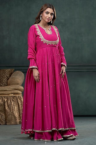 Rani Pink Moonga Silk Anarkali Set by Hirika & Dhruti Label