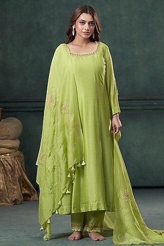 Green Silk Thread Work Kalidar Anarkali Set by Hirika & Dhruti Label