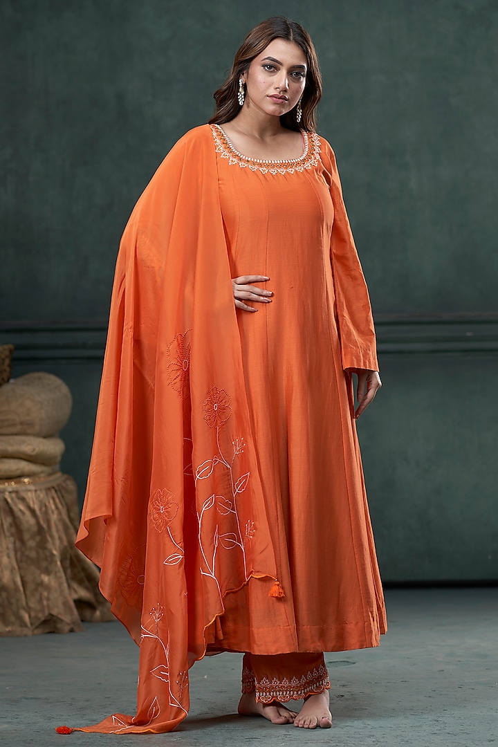 Orange Silk Thread Work Kalidar Anarkali Set by Hirika & Dhruti Label at Pernia's Pop Up Shop