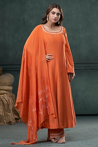Orange Silk Thread Work Kalidar Anarkali Set by Hirika & Dhruti Label