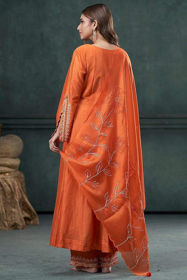 Orange Silk Thread Work Kalidar Party Wear Anarkali Set by Hirika & Dhruti Label at Pernia's Pop Up Shop