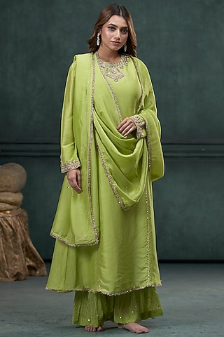 Green Chiniya Silk Zardosi Hand Embroidered A-Line Kurta Set by Hirika & Dhruti Label