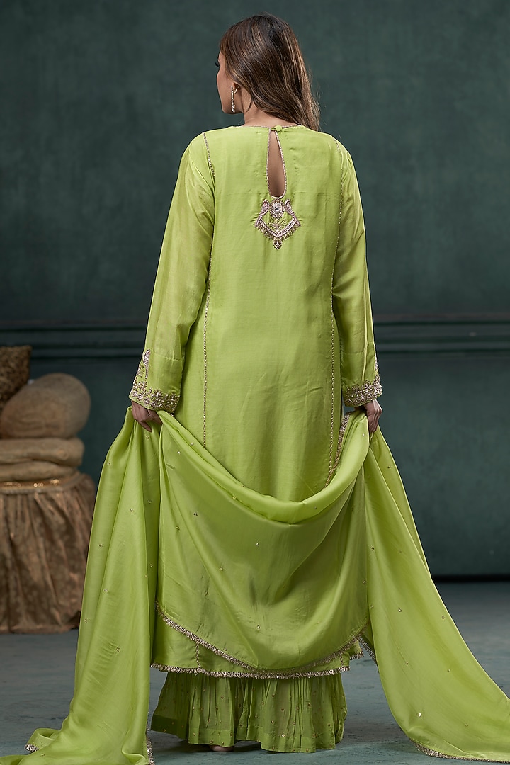Green Chiniya Silk Zardosi Hand Embroidered A-Line Kurta Set by Hirika & Dhruti Label at Pernia's Pop Up Shop