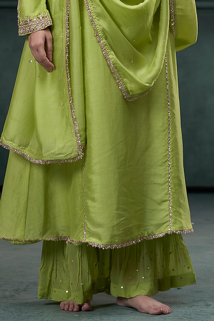Green Chiniya Silk Zardosi Hand Embroidered A-Line Kurta Set by Hirika & Dhruti Label at Pernia's Pop Up Shop