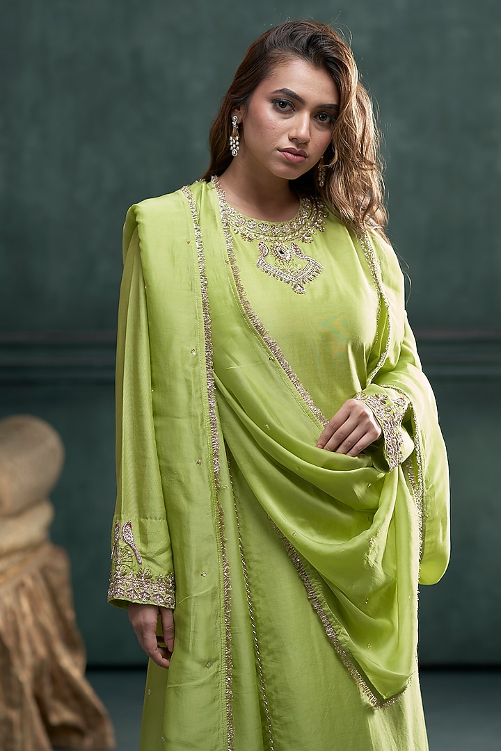 Green Chiniya Silk Zardosi Hand Embroidered A-Line Kurta Set by Hirika & Dhruti Label at Pernia's Pop Up Shop