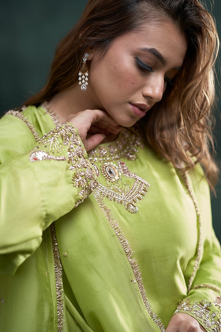 Green Chiniya Silk Zardosi Hand Embroidered A-Line Kurta Set by Hirika & Dhruti Label at Pernia's Pop Up Shop