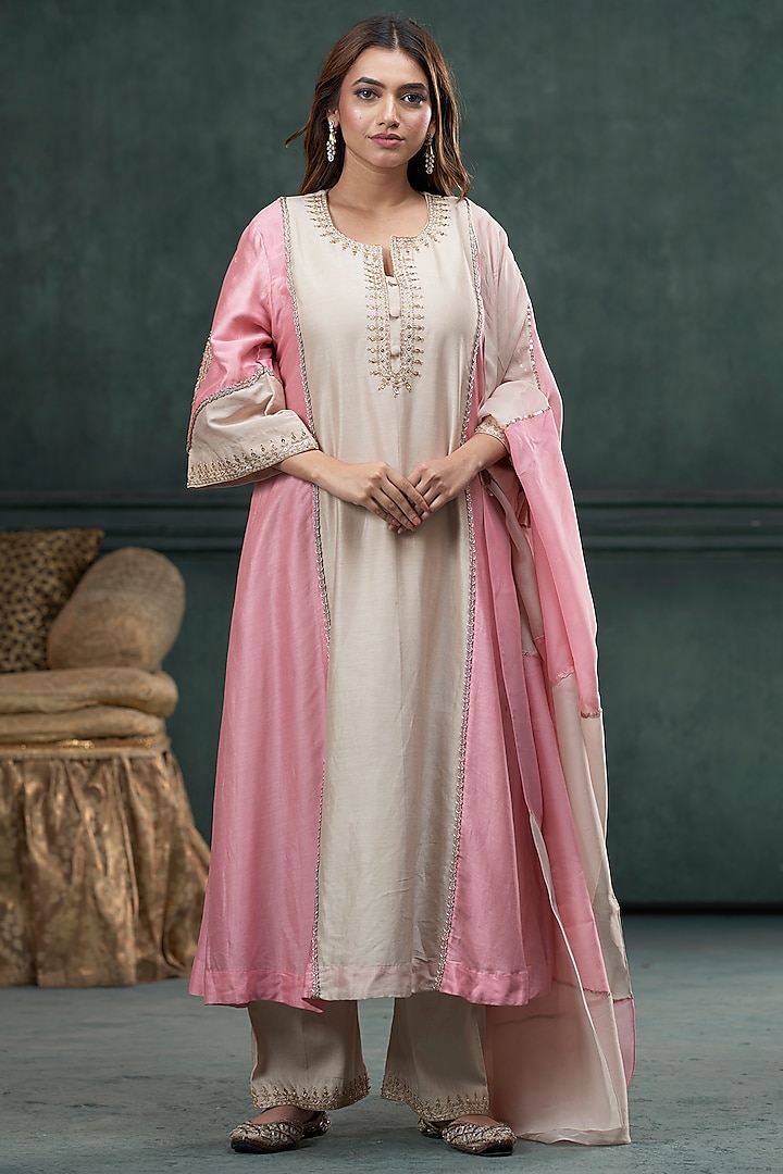 Beige & Baby Pink Silk Marodi Embroidered Kurta Set by Hirika & Dhruti Label at Pernia's Pop Up Shop