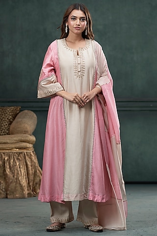 Beige & Baby Pink Silk Marodi Embroidered Kurta Set by Hirika & Dhruti Label