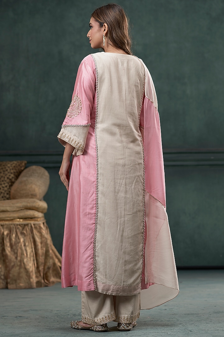 Beige & Baby Pink Silk Marodi Embroidered Kurta Set by Hirika & Dhruti Label at Pernia's Pop Up Shop