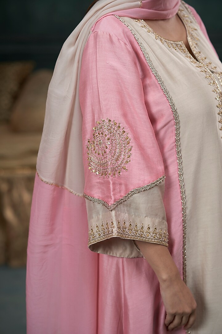 Beige & Baby Pink Silk Marodi Embroidered Kurta Set by Hirika & Dhruti Label at Pernia's Pop Up Shop