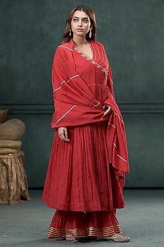 Red Chanderi Tikki Work Pleated Angrakha Kurta Set by Hirika & Dhruti Label