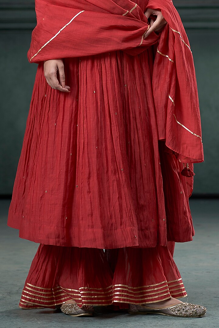 Red Chanderi Tikki Work Pleated Angrakha Kurta Set by Hirika & Dhruti Label at Pernia's Pop Up Shop