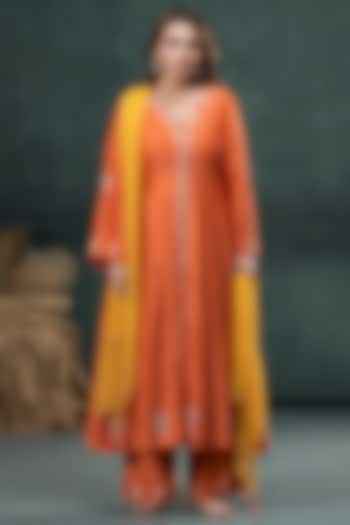 Orange Silk Marodi Embroidered Kalidar Jacket Kurta Set by Hirika & Dhruti Label at Pernia's Pop Up Shop