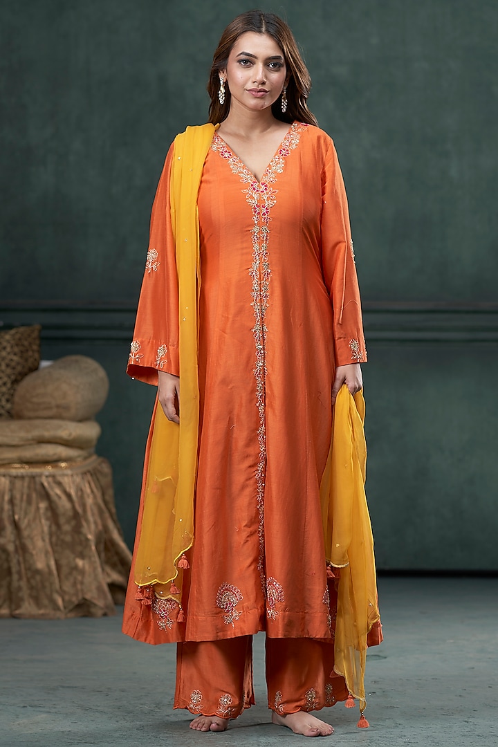 Orange Silk Marodi Embroidered Kalidar Jacket Kurta Set by Hirika & Dhruti Label at Pernia's Pop Up Shop