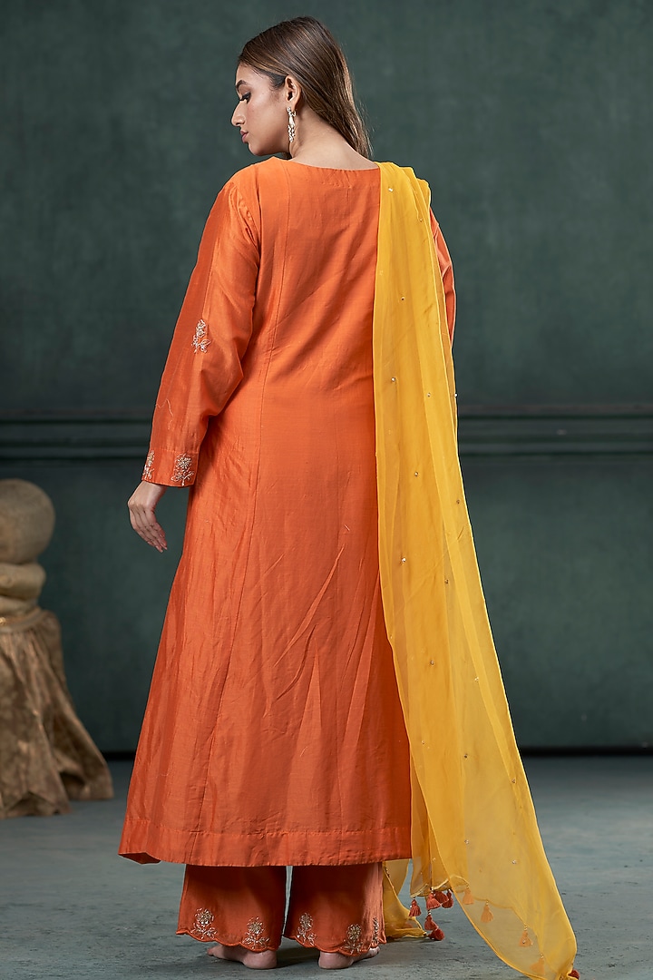 Orange Silk Marodi Embroidered Kalidar Jacket Kurta Set by Hirika & Dhruti Label at Pernia's Pop Up Shop