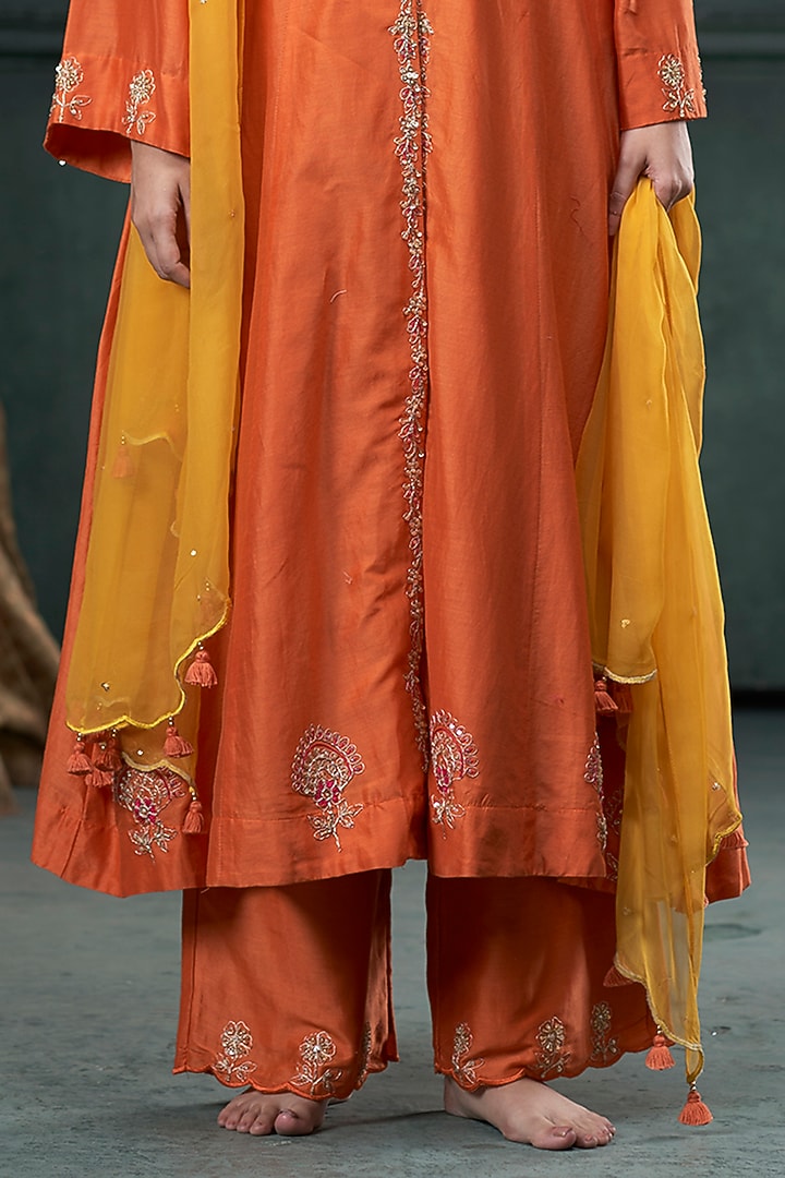 Orange Silk Marodi Embroidered Kalidar Jacket Kurta Set by Hirika & Dhruti Label at Pernia's Pop Up Shop