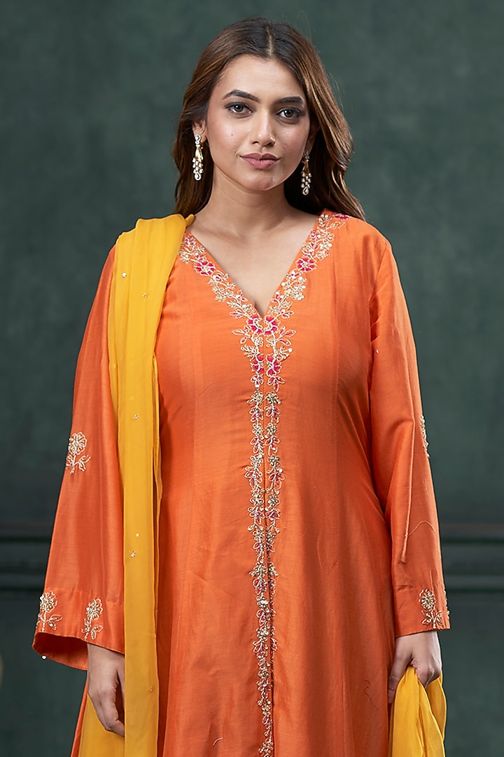 Orange Silk Marodi Embroidered Kalidar Jacket Kurta Set by Hirika & Dhruti Label at Pernia's Pop Up Shop