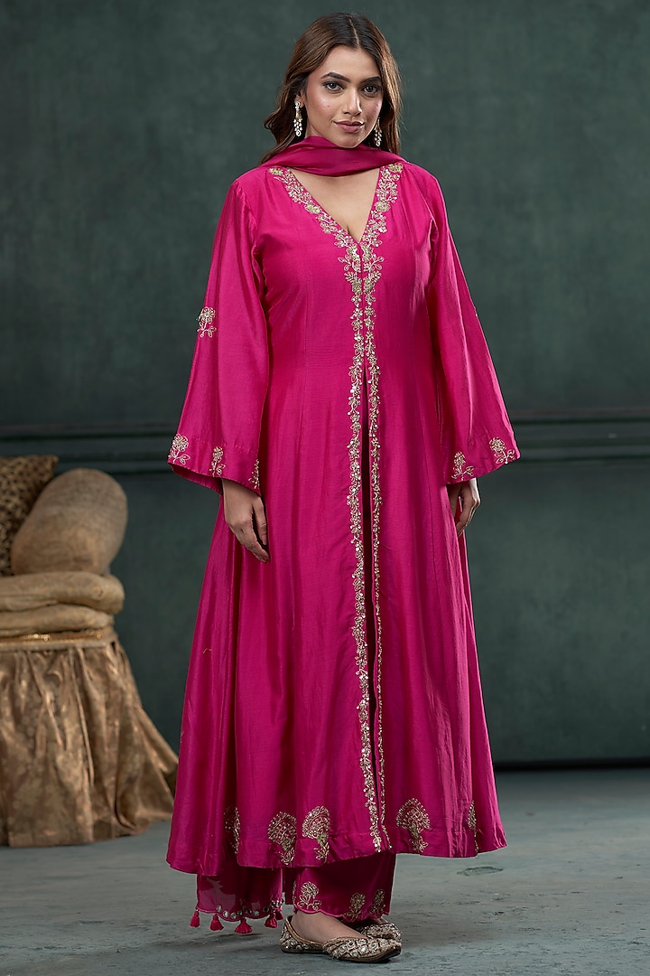 Rani Pink Silk Marodi Embroidered Kalidar Jacket Kurta Set by Hirika & Dhruti Label at Pernia's Pop Up Shop