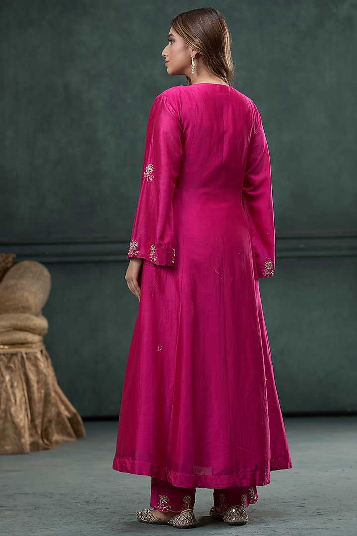 Rani Pink Silk Marodi Embroidered Kalidar Jacket Kurta Set by Hirika & Dhruti Label at Pernia's Pop Up Shop