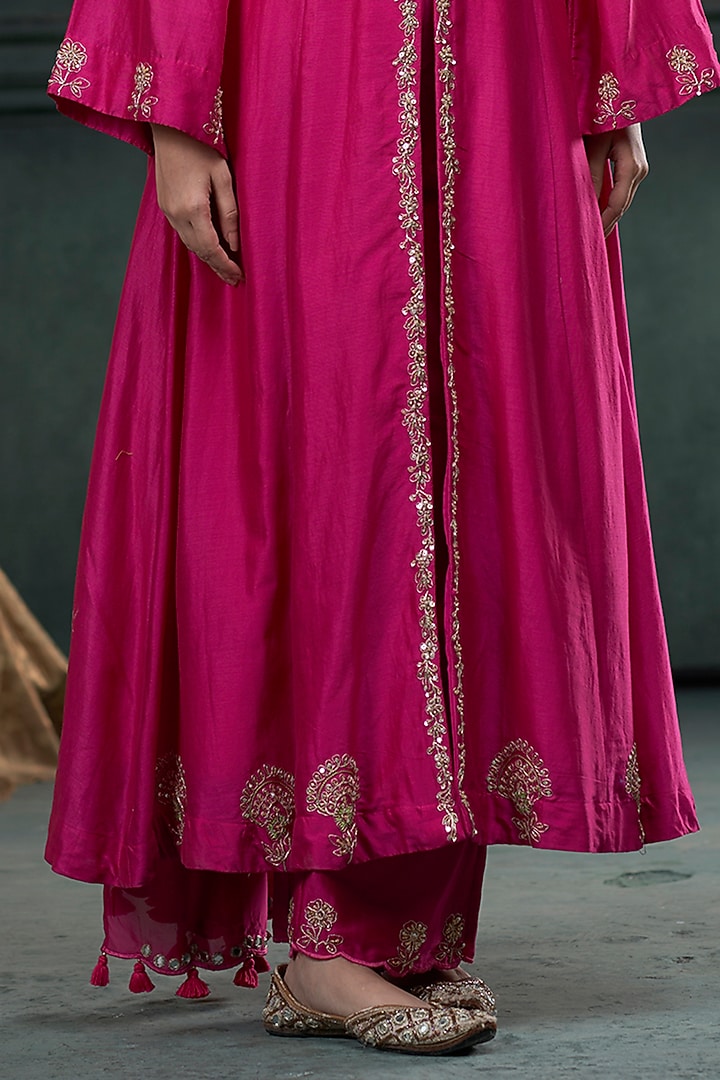 Rani Pink Silk Marodi Embroidered Kalidar Jacket Kurta Set by Hirika & Dhruti Label at Pernia's Pop Up Shop
