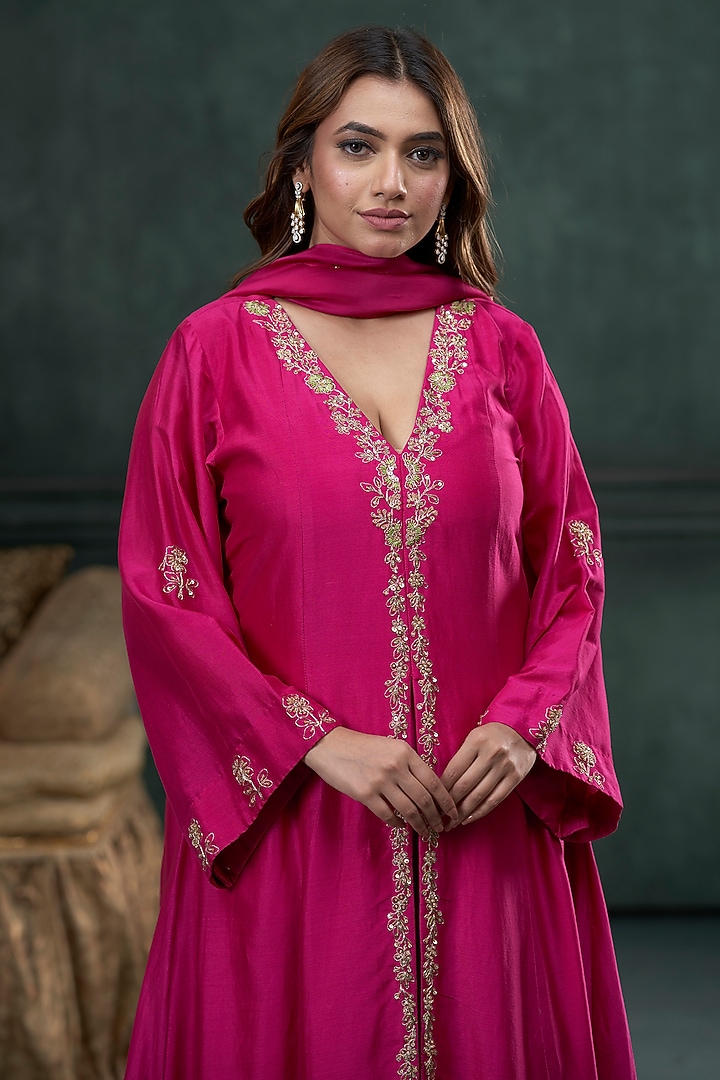 Rani Pink Silk Marodi Embroidered Kalidar Jacket Kurta Set by Hirika & Dhruti Label at Pernia's Pop Up Shop