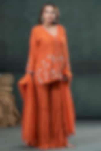 Orange Munga Silk Layered Pleated Sharara Set by Hirika & Dhruti Label at Pernia's Pop Up Shop