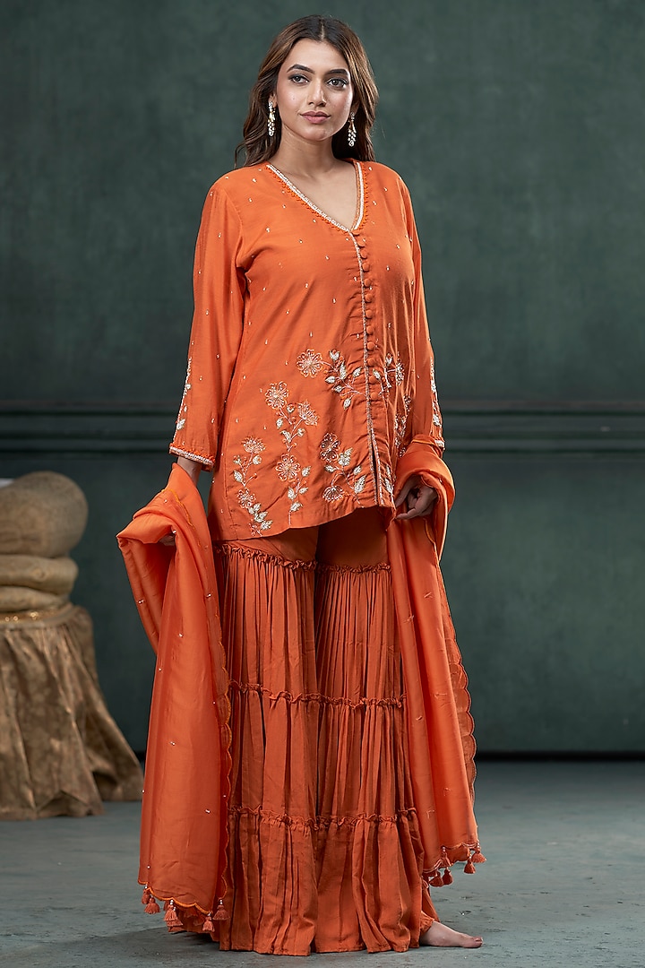 Orange Munga Silk Layered Pleated Sharara Set by Hirika & Dhruti Label at Pernia's Pop Up Shop