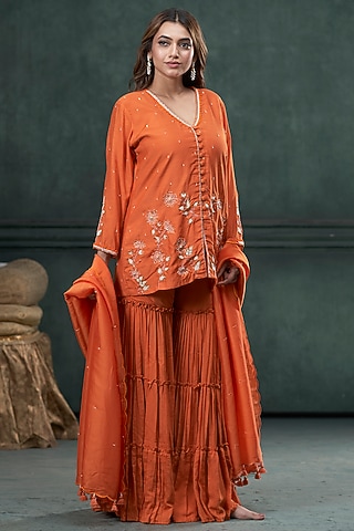 Orange Munga Silk Layered Pleated Sharara Set by Hirika & Dhruti Label