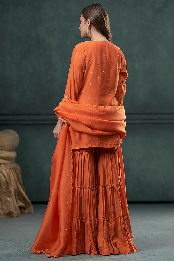 Orange Munga Silk Layered Pleated Party Wear Sharara Set by Hirika & Dhruti Label at Pernia's Pop Up Shop
