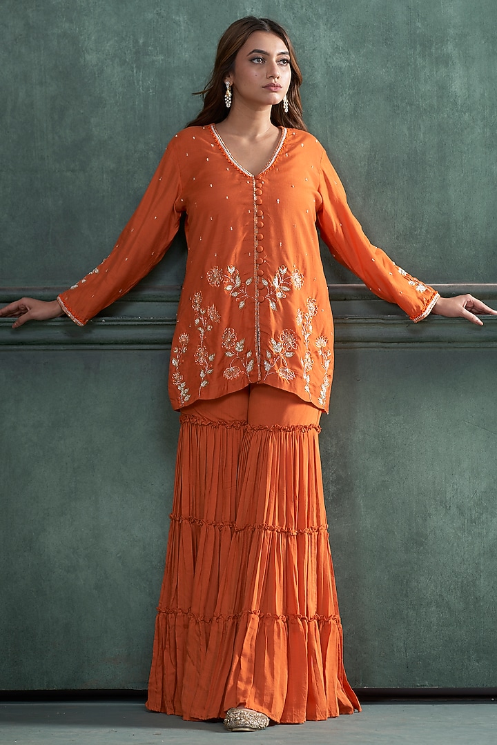 Orange Munga Silk Layered Pleated Party Wear Sharara Set by Hirika & Dhruti Label at Pernia's Pop Up Shop